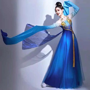 Blue Waterfall sleeves Chinese folk dance costume fairy hanfu  for women girls female elegant  Han Tang art examination long-sleeved classical dance dresses